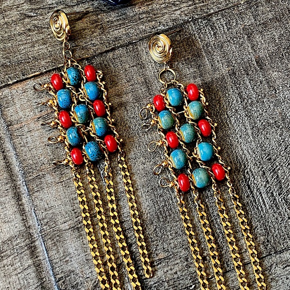 Free People Jewelry - NEW Ceramic Beaded Gold Tassel Earrings